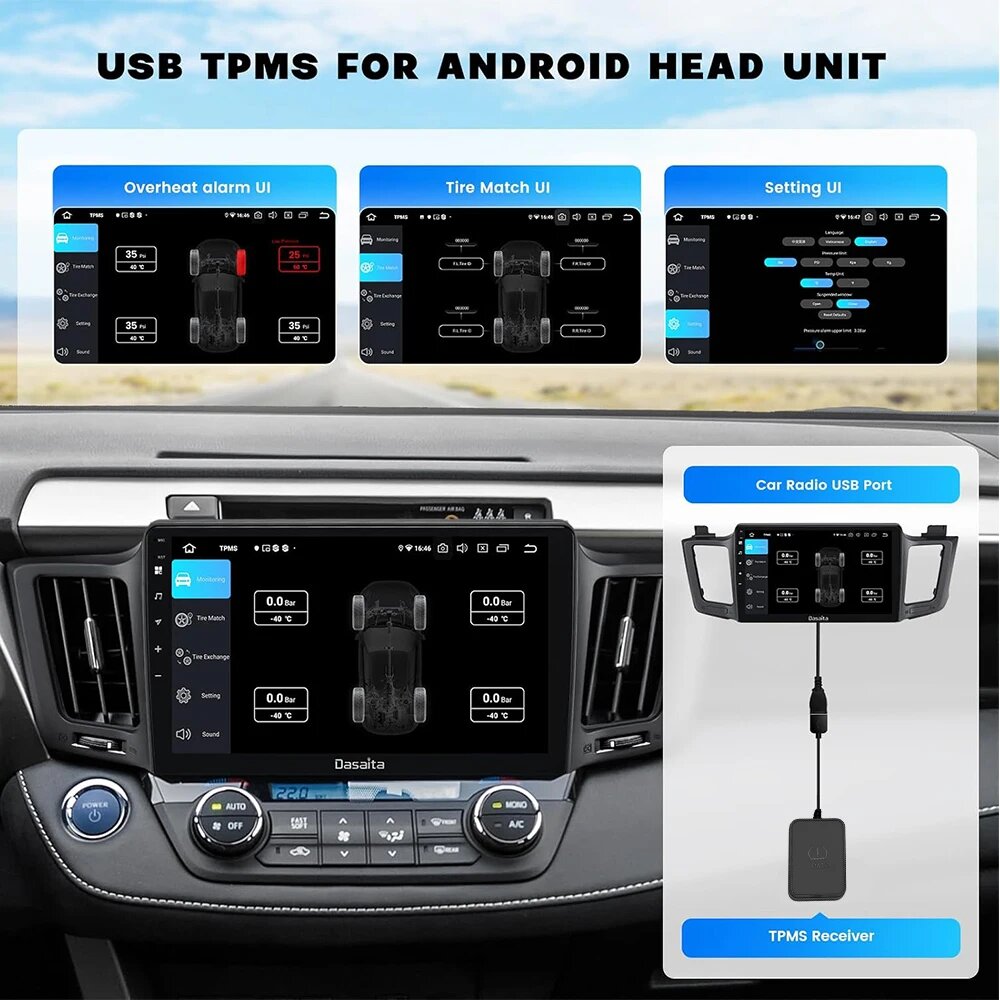 USB Android TPMS Система контроля давления в шинах Внешний датчик запасного колеса USB TMPS для автомобиля Предупреждение о температуре напряжении, Черный — фото 1