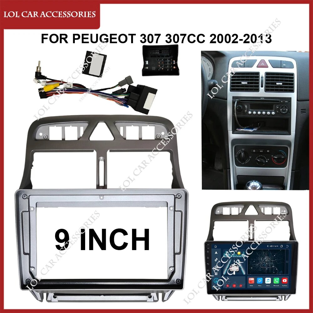 Автомобильный радиоприемник LCA 9 дюймов для Peugeot 307, 307CC, 2002-2013, Android, MP5, GPS-плеер, корпус, рамка, 2 Din, панель для приборной панели, Silver Frame — фото 1
