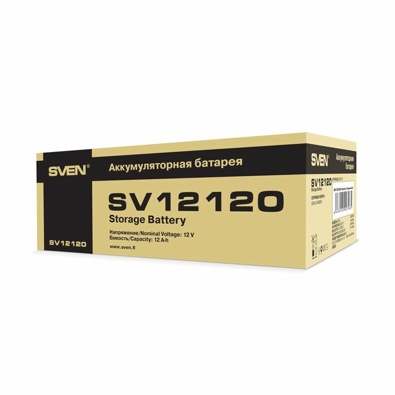 Батарея SVEN SV 12120 (12V 12Ah), напряжение 12В, емкость 12А*ч, макс. ток разряда 180А, макс. ток заряда 3.6А, свинцово-кислотная типа AGM, тип клемм F2 — фото 1
