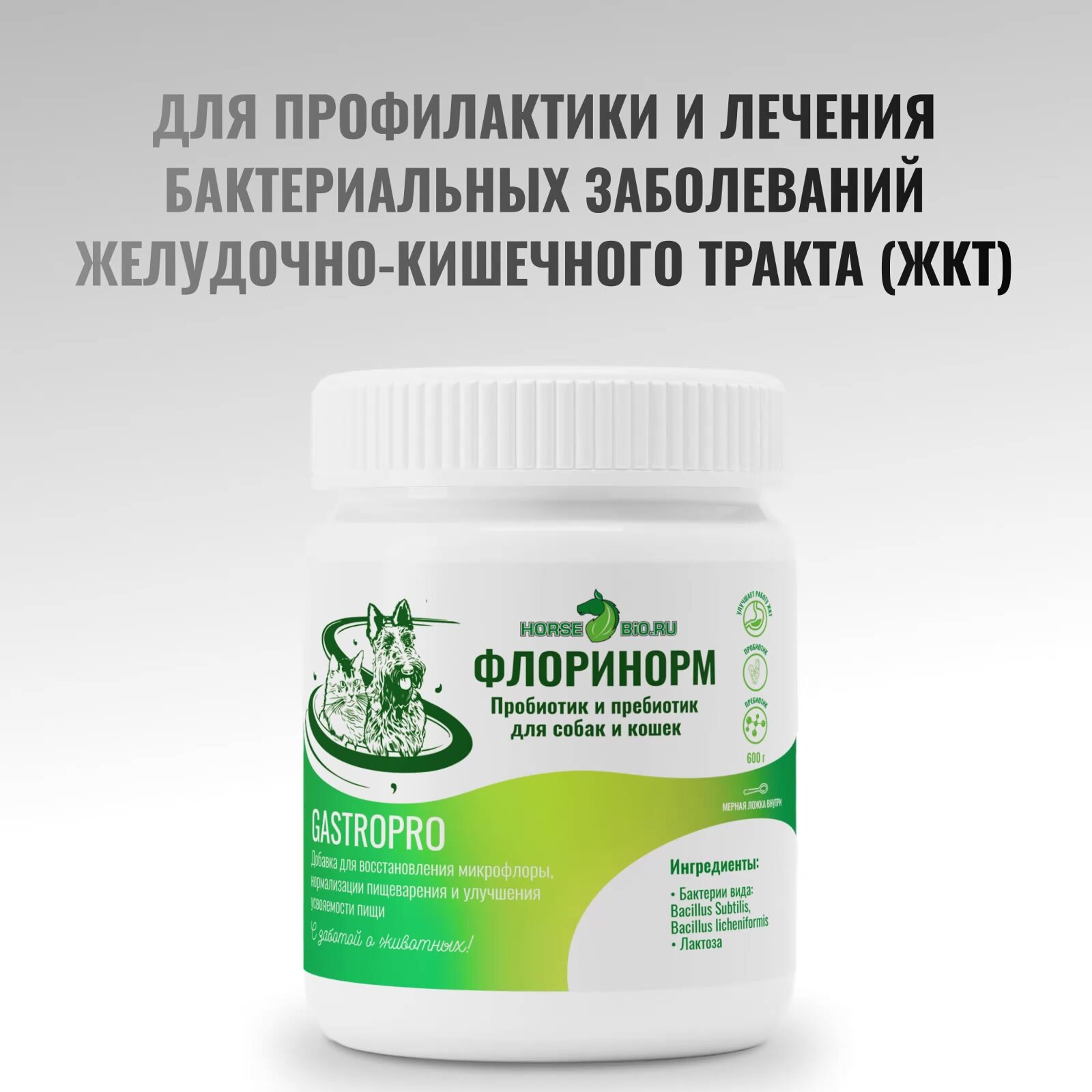 Подкормка флоринорм Horse-Bio GastroPro пробиотик и пребиотик для собак и кошек для восстановления микрофлоры, 300 г — фото 1
