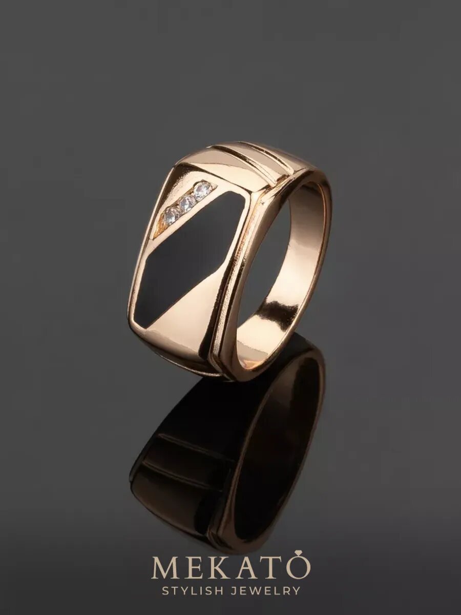 Кольцо МЕКАТО, фианит, размер 18, желтый, черный — фото 1