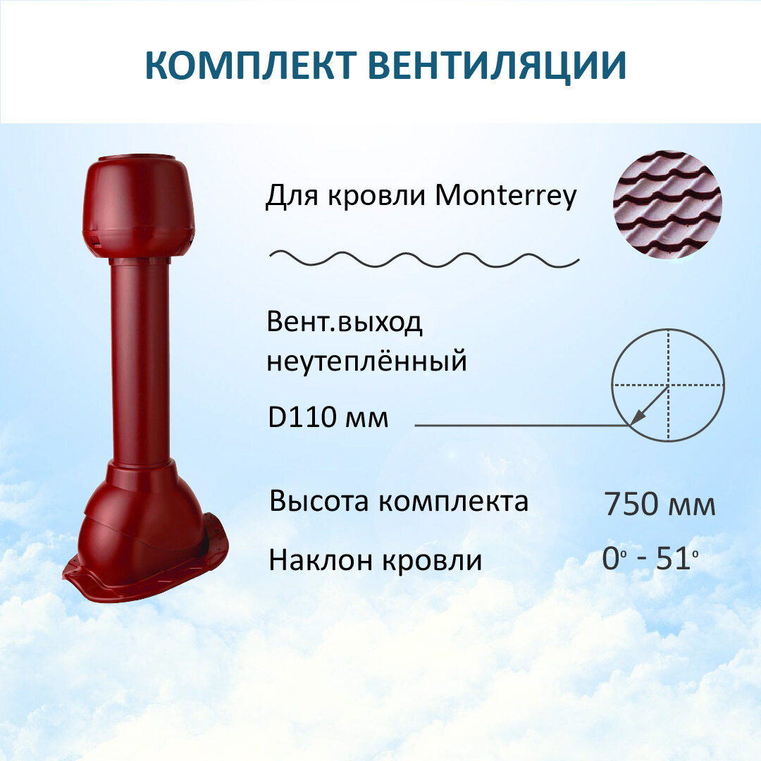 Комплект вентиляции: Вент. выход D110 H 500 мм, колпак D110, для металлочерепицы Monterrey, красное вино