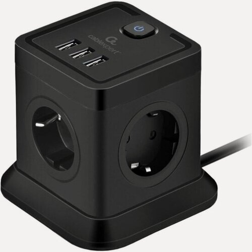 Изображение товара Сетевой фильтр Cablexpert Tower, 4 розетки, 3xUSB, 2м, черный, коробка