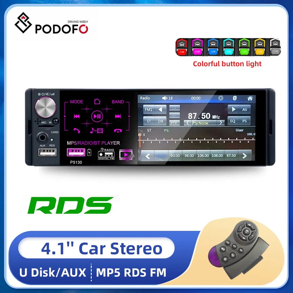Podofo 4,1 "сенсорный экран 1 Din автомобильный радиоприемник Bluetooth авторадио RDS FM USB AUX MP3 MP5 видеоплеер стерео управление рулевым колесом, With Microphone — фото 1