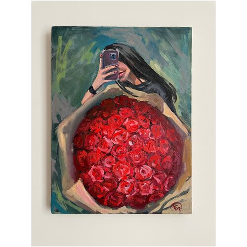 Оригинальная подлинник Картина маслом розы «Девушка с цветами »