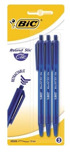 Ручки шариковые автоматические BIC "Round Stic Clic", набор 3 шт., синие, линия письма 0,32 мм, блистер, 926374