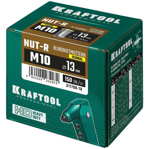 KRAFTOOL Nut-R, М10, уменьш. бортик, 150 шт, резьбовые заклепки стальные с насечками (311708-10)