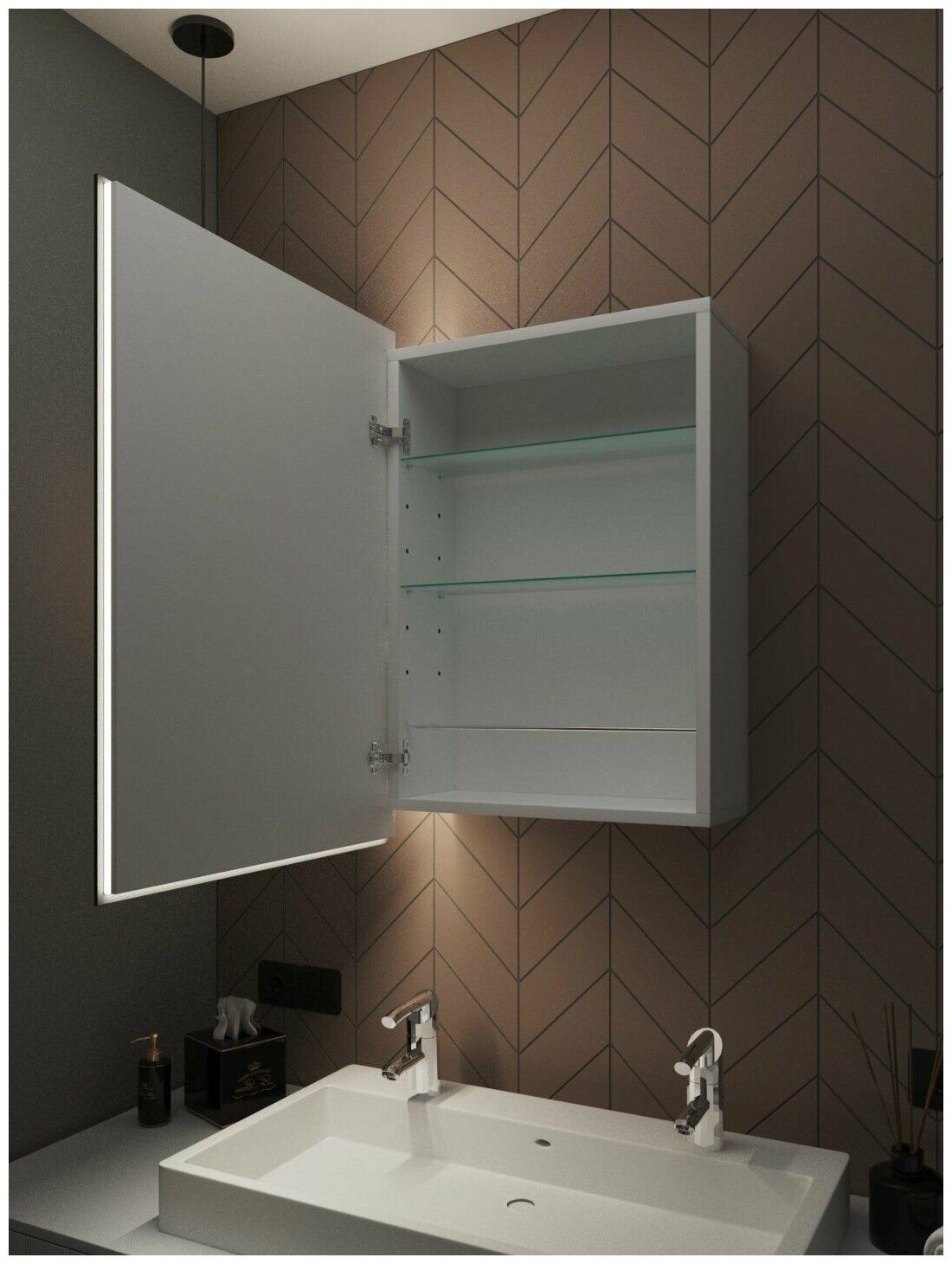 Зеркало-шкаф Quattro 60*40 c тёплой LED-подсветкой, левый, с часами - фотография № 7