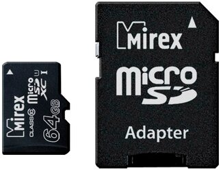 Карта памяти Mirex microSDXC Class 10 UHS-I U1 + SD adapter 64 GB, чтение: 45 MB/s, запись: 25 MB/s, адаптер на SD