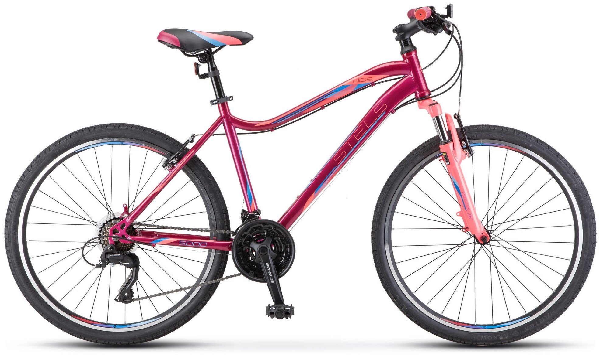 Велосипед женский горный, Miss-5000 V, 21 скорость, 26" -диаметр колеса, Размер рамы 18" (рекомендуемый рост 163-177 см) Фиолетовый / розовый STELS ( Стелс LU089377 )