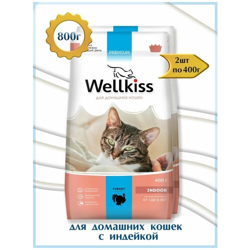 Wellkiss Корм сухой для малоподвижных домашних кошек с индейкой 2шт по 400г