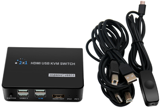 HDMI KVM-переключатель 2х1 Switch 4K60Hz 2-портовый USB с кабелями