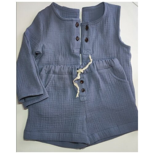 Комплект костюм детский летний Abrel`, из муслина. Поло, майка, шорты. Цвет стальной-синий.Рост 104.