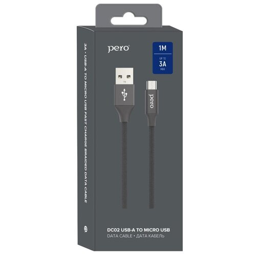 Кабель PERO, DC-02, micro-USB, 3А, 1м, Fast charge, черный кабель межблочный pero dc 02 micro usb 2a 1м серый
