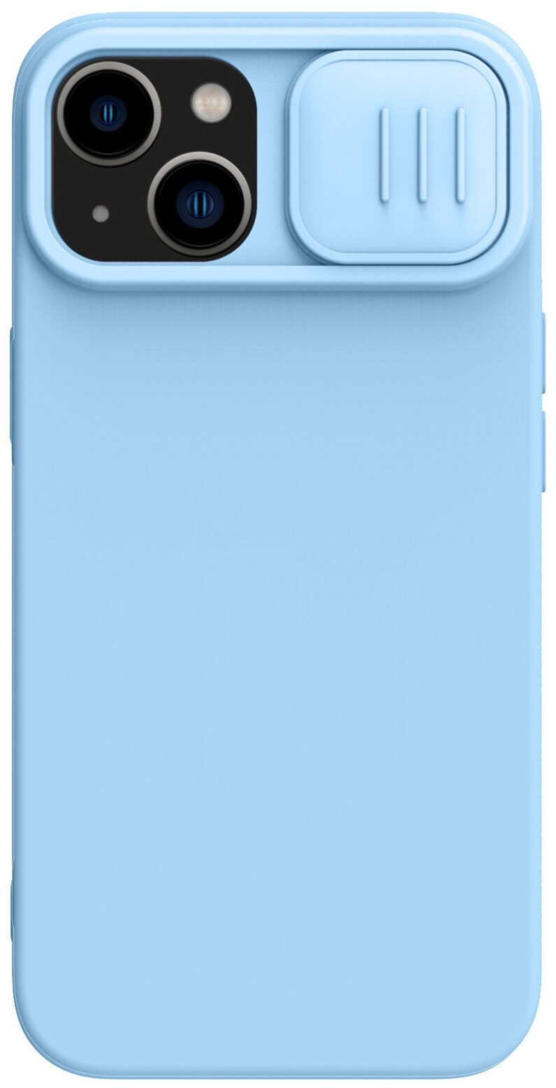 Силиконовый чехол с защитой камеры Nillkin CamShield Silky Silicone Case (без магсейф) для Apple iPhone 14, голубой