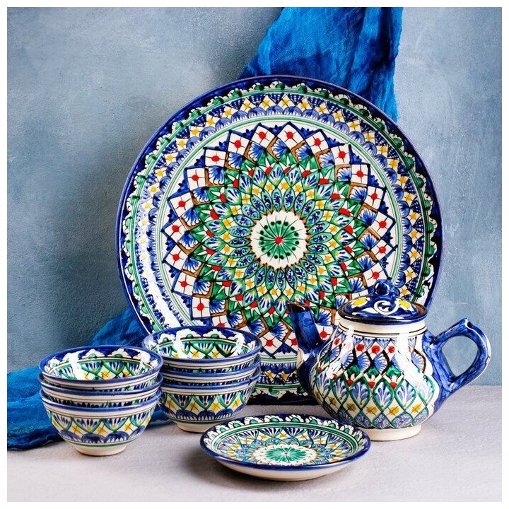 Шафран Набор чайный 9 предметов Риштанская Керамика (Чайник 0,8л, пиалы- 0,2)