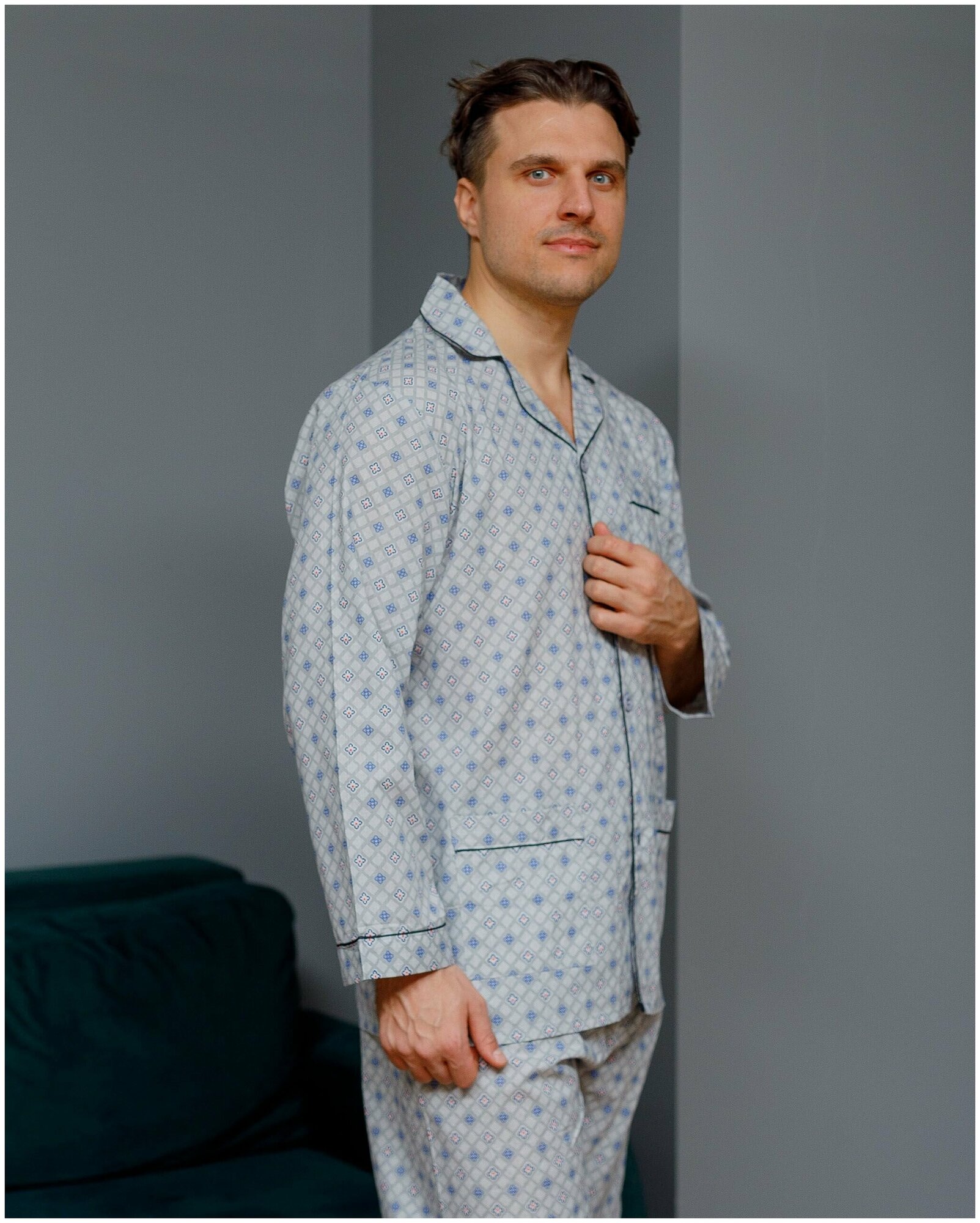 Пижама мужская с брюками и рубашкой с длинным рукавом хлопок Global_размер52 - фотография № 5