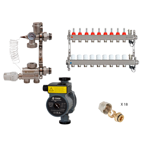 Коллекторная группа для теплого пола TAEN (нерж) 1x3/4x9 вых (а/в), насосно-смесительный узел, насос TAEN 25/6, евроконус, UCM+UC-9A+UC1634