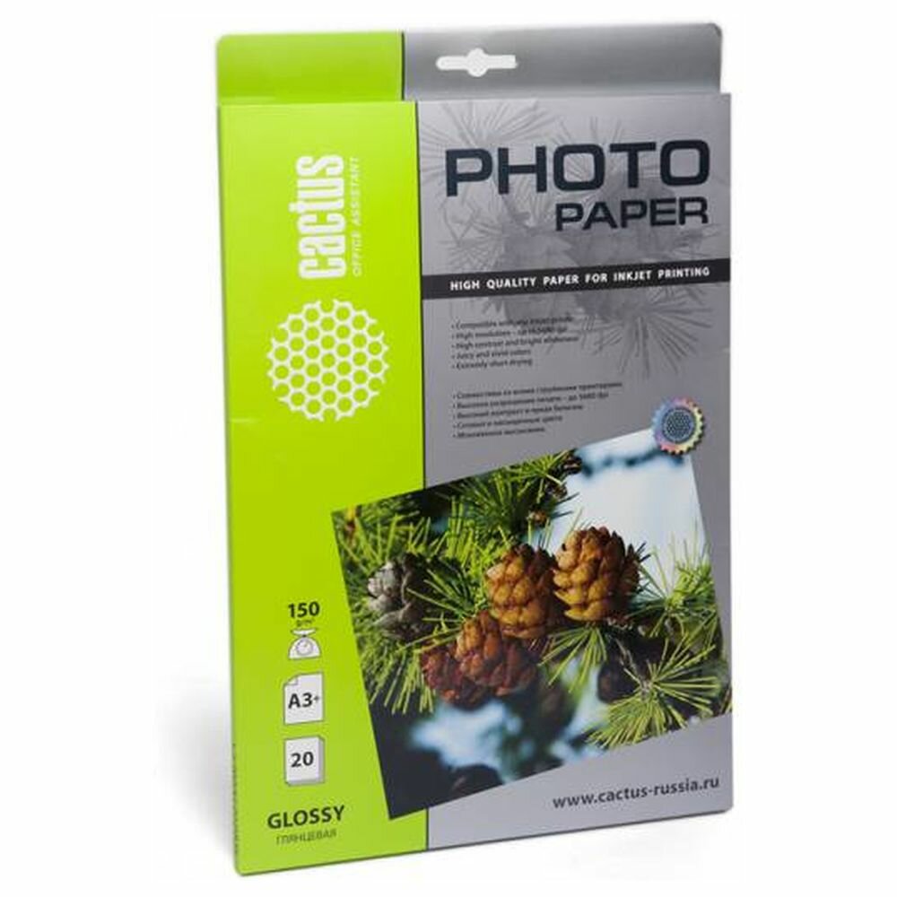 Фотобумага Cactus A3+ глянцевая, 150г/м2, 20л, белая для струйной печати CS-GA315020