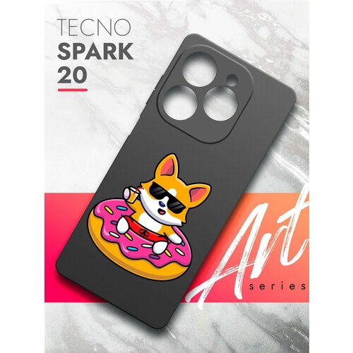 Чехол на Tecno Spark 20 (Техно Спарк 20) черный матовый силиконовый с защитой (бортиком) вокруг камер, Brozo (принт) Корги в Пончике силиконовый чехол на tecno spark go 2024 tecno spark 20c tecno pop 8 infinix smart 8 кот в очках для техно спарк го 2024 техно спарк 20ц техно поп 8 инфиникс смарт 8