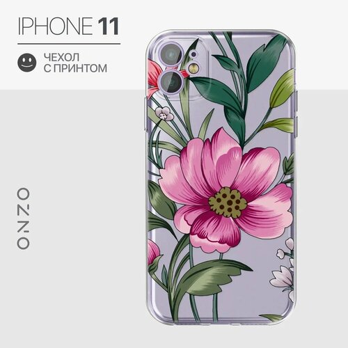 Чехол на iPhone 11 / Айфон 11 бампер прозрачный с принтом Pink flower силиконовый чехол всё очень круто но надо переделать для iphone 11 прозрачный айфон 11