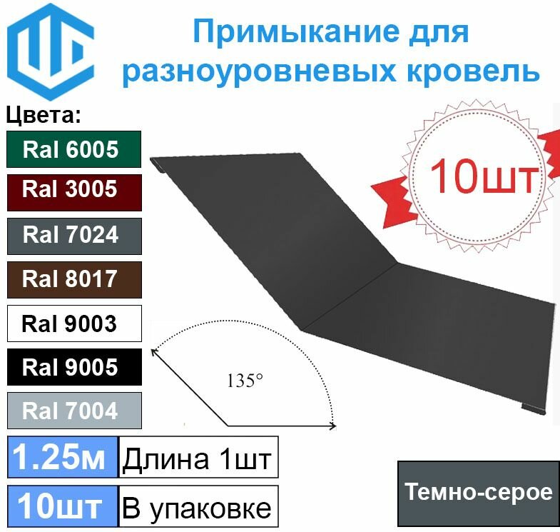 Планка примыкания для разноуровневых кровель 135* Темно-серая (10шт) веранды и терассы 1.25м