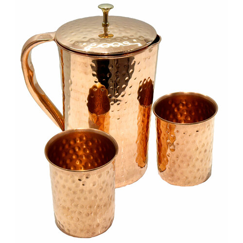 Медный кувшин с крышкой (латунная ручка) и два стаканам Кованые с мелким рельефом Ручная работа