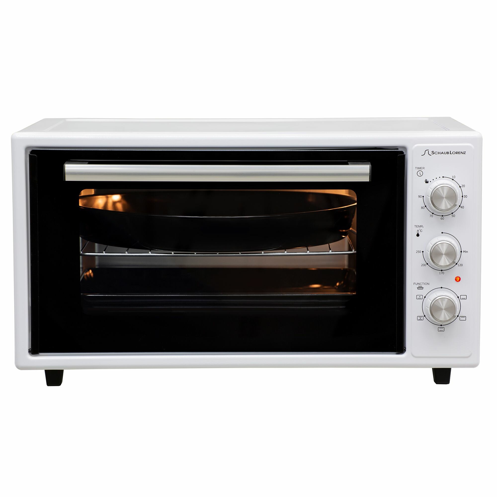 фото Мини-печь электрическая Schaub Lorenz SLE OW5051, 5 режимов, 40л, мощность: 1,6 кВт, конвекция, таймер 90 мин, автоматическое отключение со звуковым сигналом, скрытый тэн, круглый противень, освещение камеры, 2 стекла.