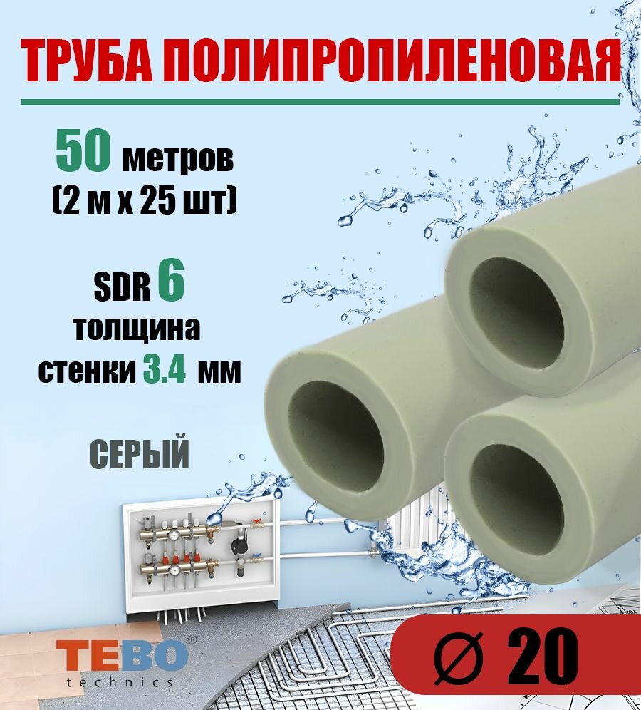 Труба полипропиленовая 20 мм (SDR 6) 2 метра (2 м х 1 шт) / Tebo (серый)