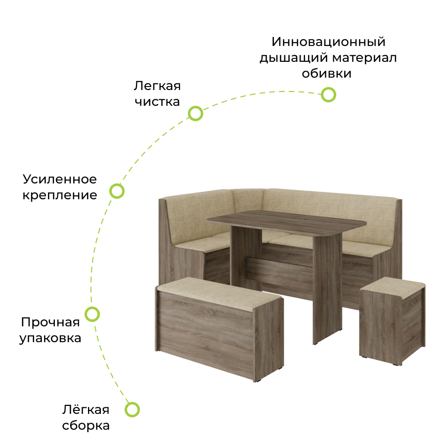 Кухонный уголок Чикаго BONMEBEL Дуб сонома трюфель/бежевый, 159х109,8х79,8 см