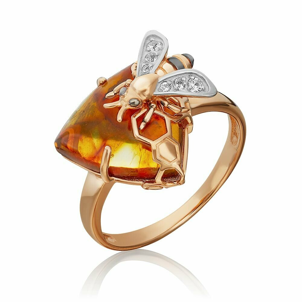 Перстень PLATINA «Пчела на сотах», красное золото, 585 проба, топаз, янтарь