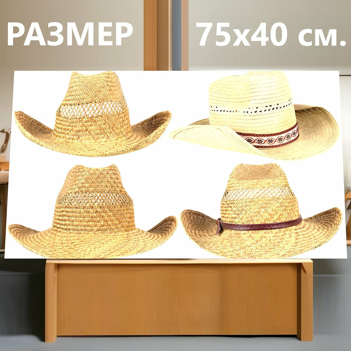 Картина на холсте "Шляпа, соломенная шляпа, стетсон" на подрамнике 75х40 см. для интерьера
