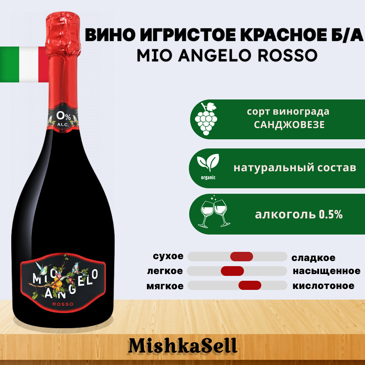 Вино безалкогольное игристое красное Mio Angelo Rosso