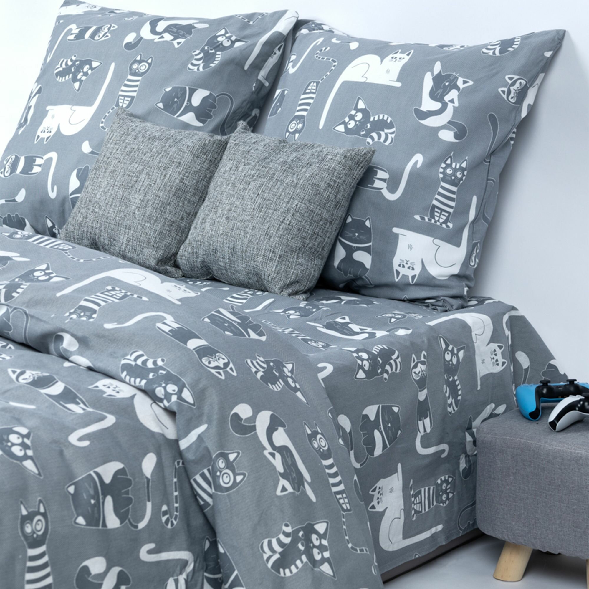 фото Комплект постельного белья 1,5-спальный (с 1 нав. 70х70) Хлопок, Бязь Galtex Кошкин дом б/з тёмно-серый