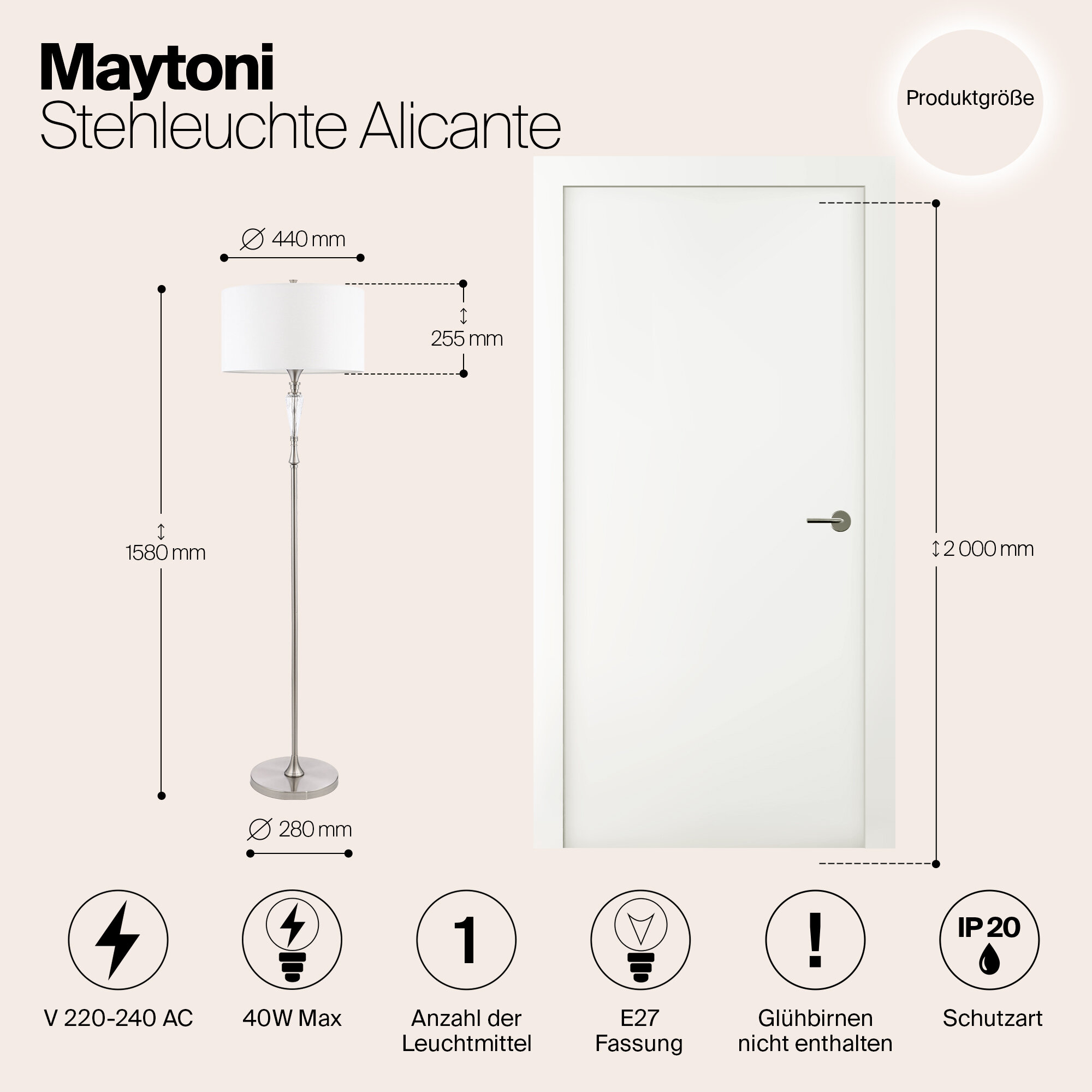 Торшер MAYTONI Alicante MOD014FL-01N, E27, 40 Вт, высота: 158 см, серебристый