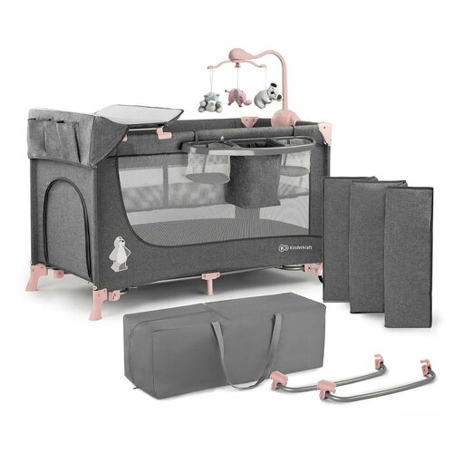 Детская кровать-манеж Kinderkraft JOY + аксессуары, серый/розовый