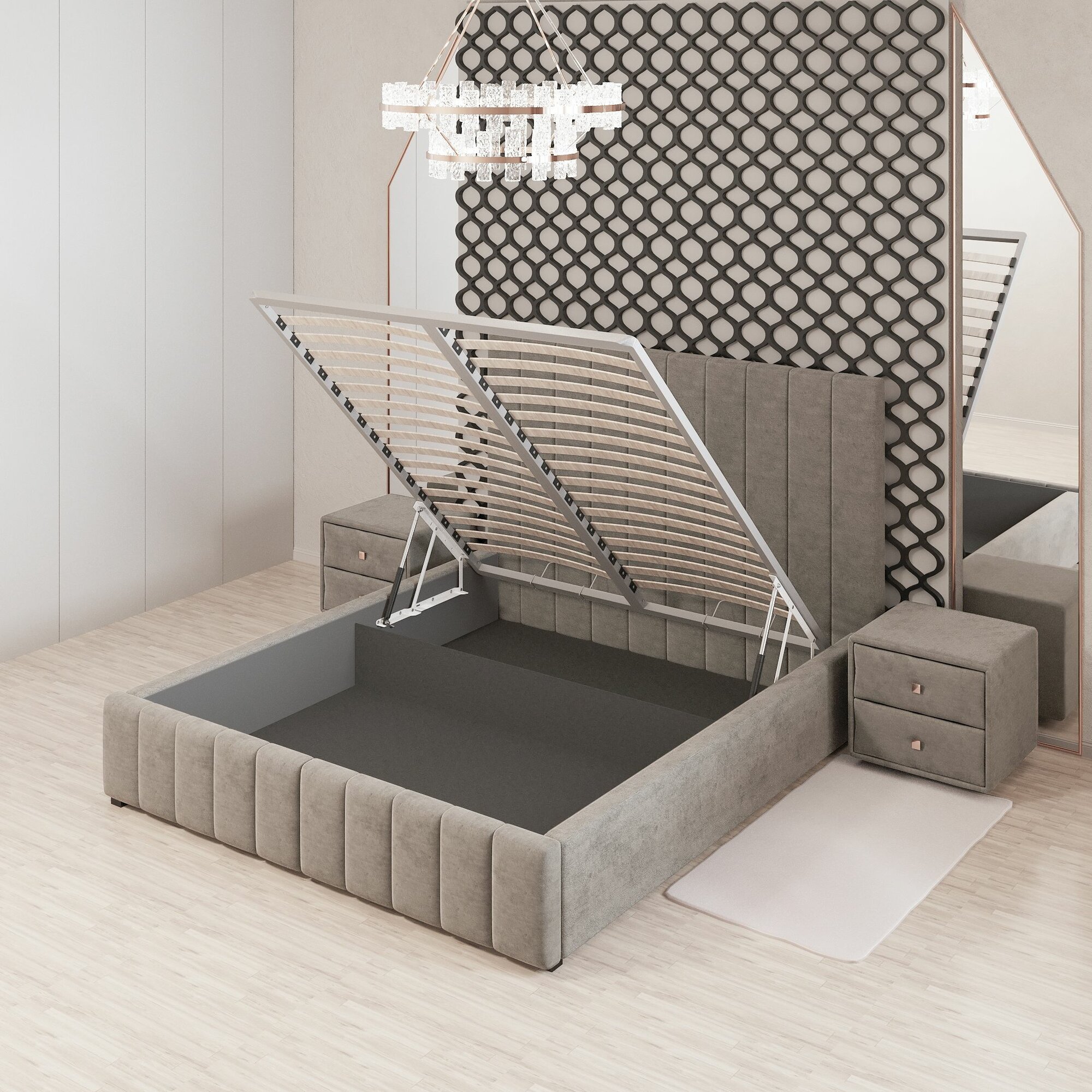 фото Односпальная кровать 140х200 Милан (2024), ортопедическое основание с усиленными ламелями, подъёмный механизм, ящик для белья, фабрика Микс-Интерьер (Россия), гарантия 5 лет, ширина (матраса) 140 см (140*200 см), серый микровелюр