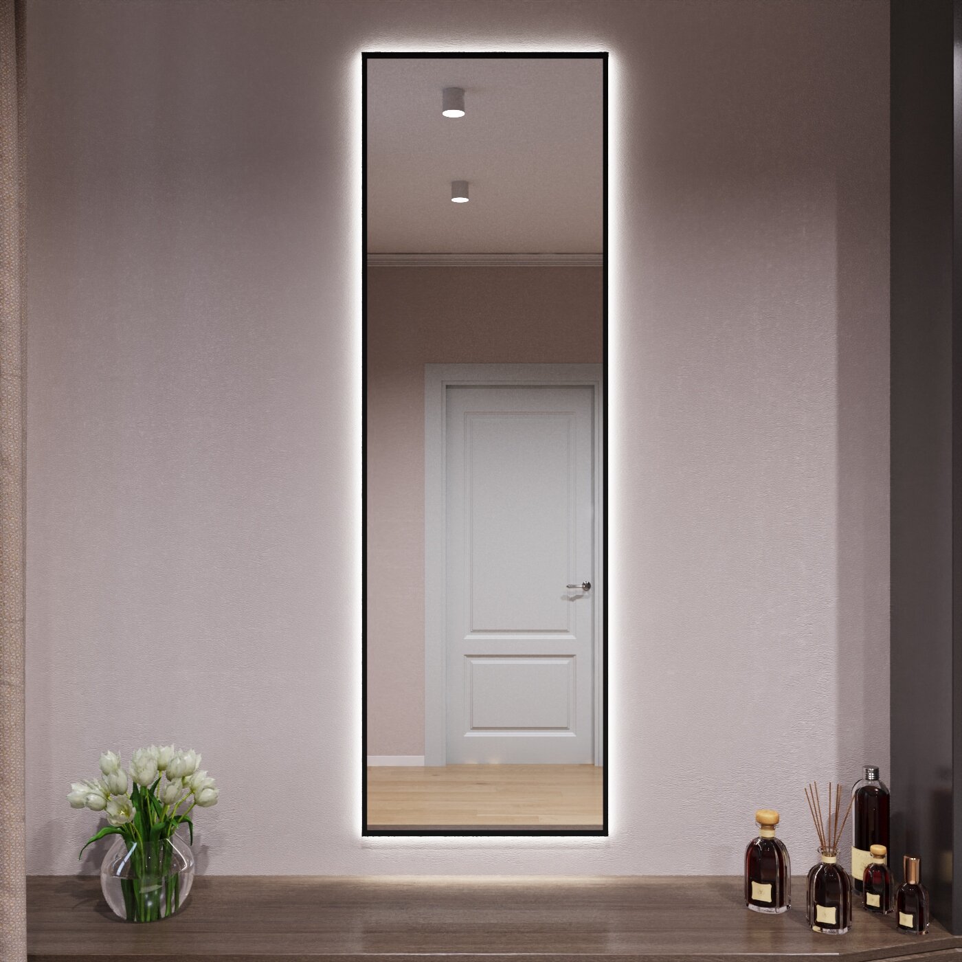 Зеркало с подсветкой в алюминиевой раме настенное Market-house 150х50 см. Свет: Нейтральный Белый 6000К. Черное