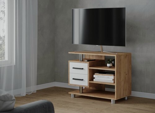 Изображение товара Тумба ARNIKA 011, для ТВ, ЛДСП, цвет дуб крафт золотой, белая, 2 ящика