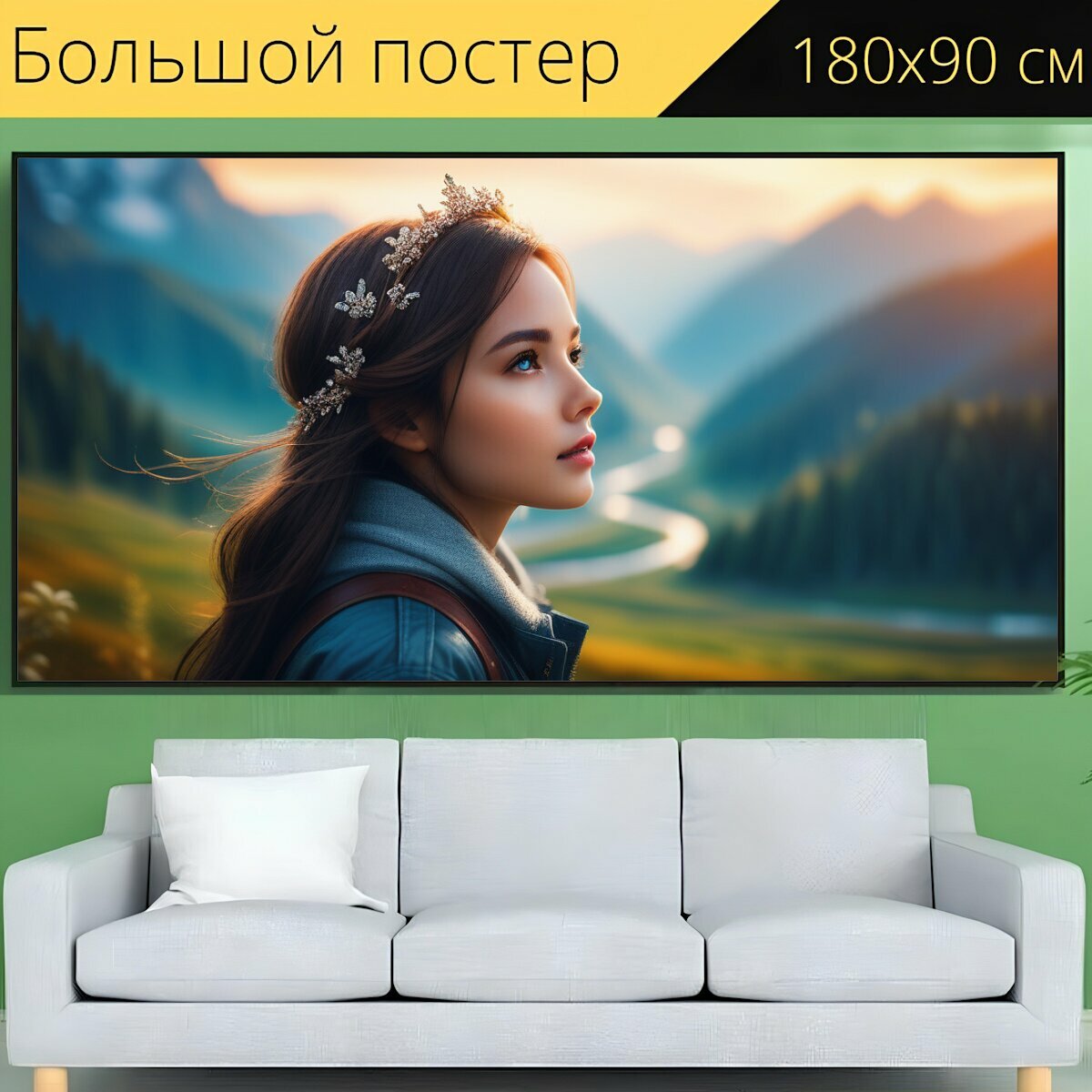 Большой постер "Красивый пейзаж с девочкой крутой, " 180 x 90 см. для интерьера на стену