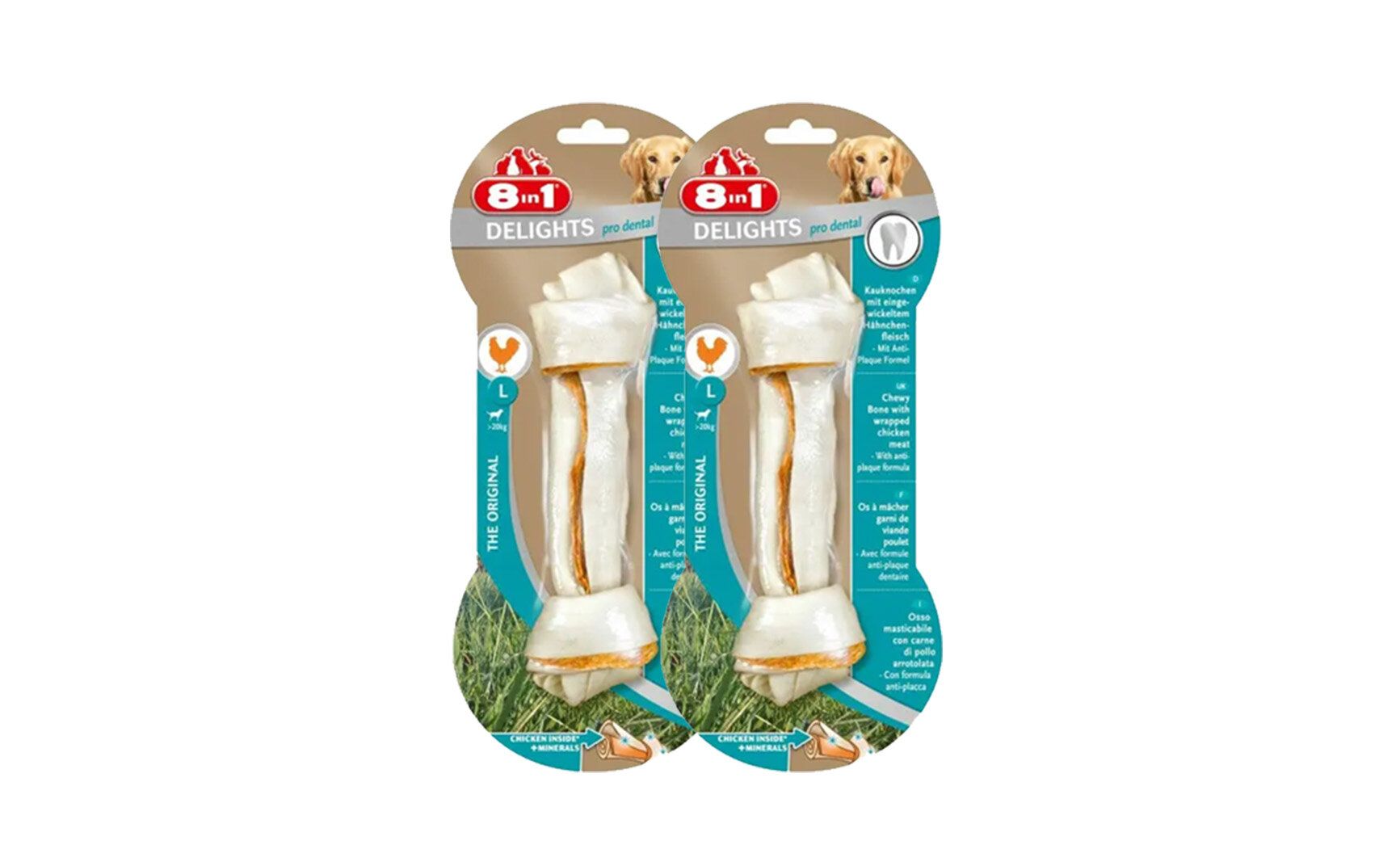 8in1 DENTAL DELIGHTS L косточка с куриным мясом для крупных собак с минералами 21 см, 85 г х 2 шт.