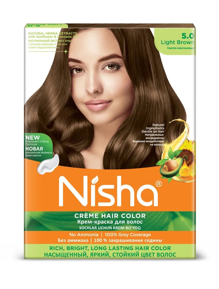 LIGHT BROWN 5.0 Nisha Creme Hair Color (светло-каштановый 5.0 крем-краска для волос, Ниша), 20 г + 20 мл + 6 мл.