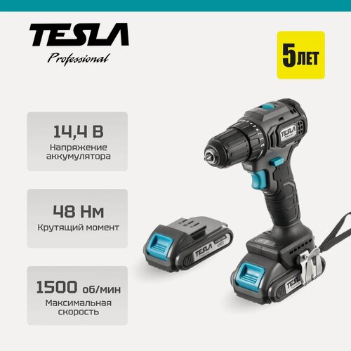 Изображение товара Шуруповерт аккумуляторный TESLA TCD14BL, 2 акк. Li-ion 2 Ач, В кейсе, 14.4В, 48 Нм