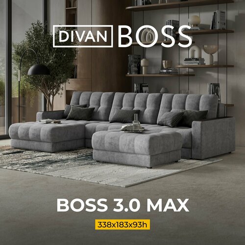 Диван угловой большой BOSS 3.0 MAX, раскладной, в гостиную, велюр Royal агат, 338x183x93 см