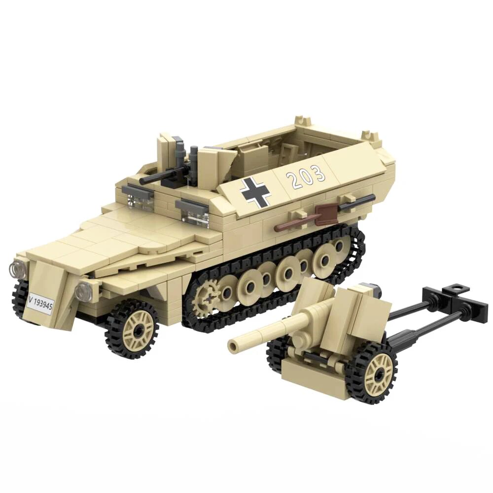WW2 SdKfz 251 Ausf D Бронированный полугусеничный переносной с противотанковым пистолетом Pak40 Военный военный кирпич Второй мировой войны Строительный блок Игрушка 3 солдата, F008 TAN, Унисекс