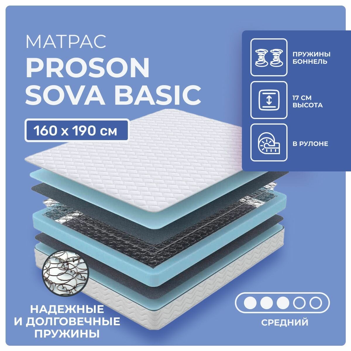 Матрас 160х190 ProSon Sova Basic, независимые пружины, cредне-жёсткий, пенополиуретан, двуспальный 190х160