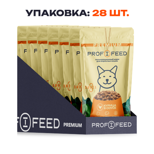 Корм консервированный полнорационный (пауч) «Profifeed» для взрослых кошек с курицей в соусе, 75г, 28 шт.