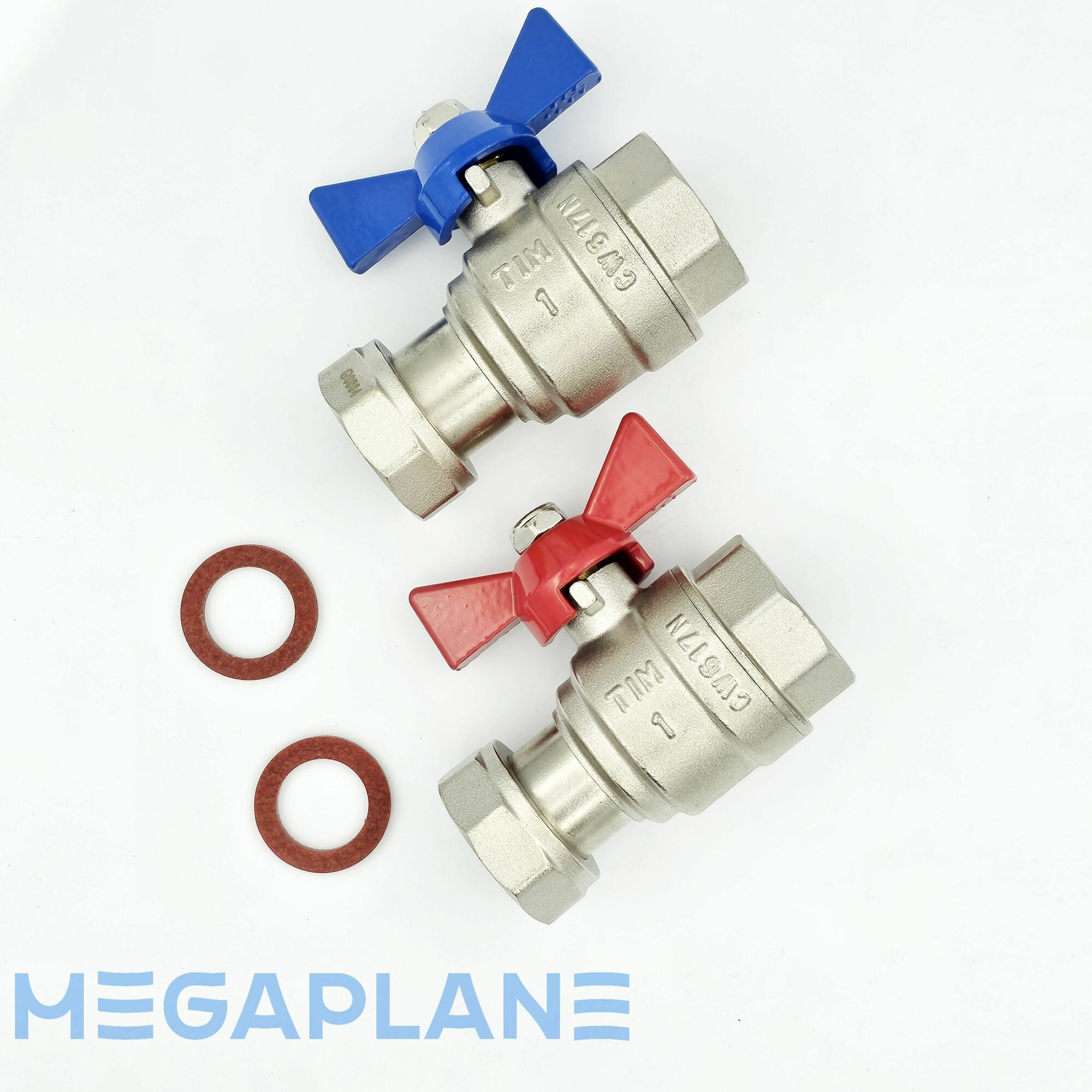Комплект кранов шаровых с накидной гайкой 1" (красный+синий) TIM-M328-4