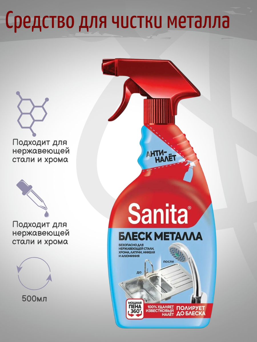 Sanita Чистящее средство для кухни Блеск металла, для чистки металла, 500мл