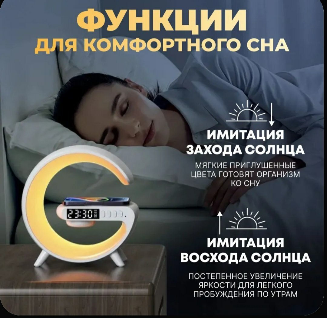 Умный ночник — это современное устройство, которое объединяет в себе часы, зарядное устройство и Bluetooth-динамик. Он обеспечивает удобство благодаря яркой RGBW-подсветке, будильнику, беспроводной зарядке и функциям потоковой передачи музыки. — фото 1